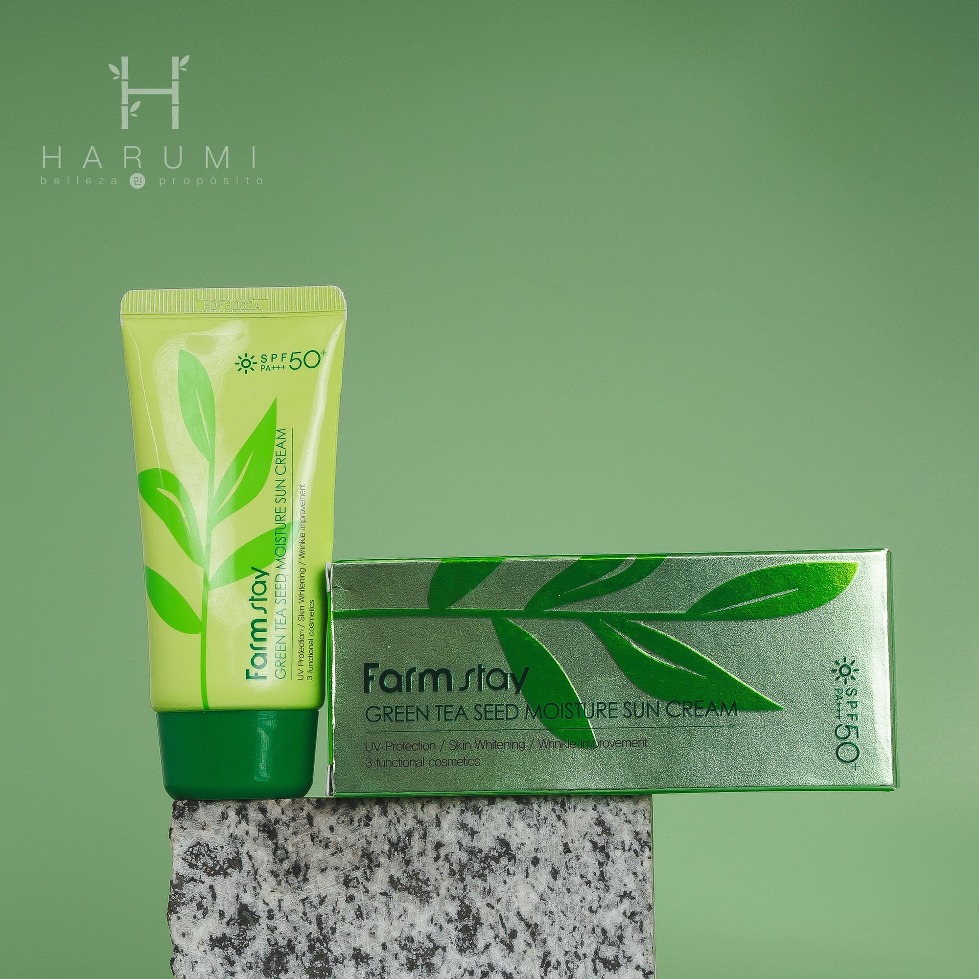 FarmStay Green Tea Seed Moisture Sun Cream SPF50PLUS PA3PLUS Skincare maquillaje productos de belleza coreanos en Colombia kbeauty